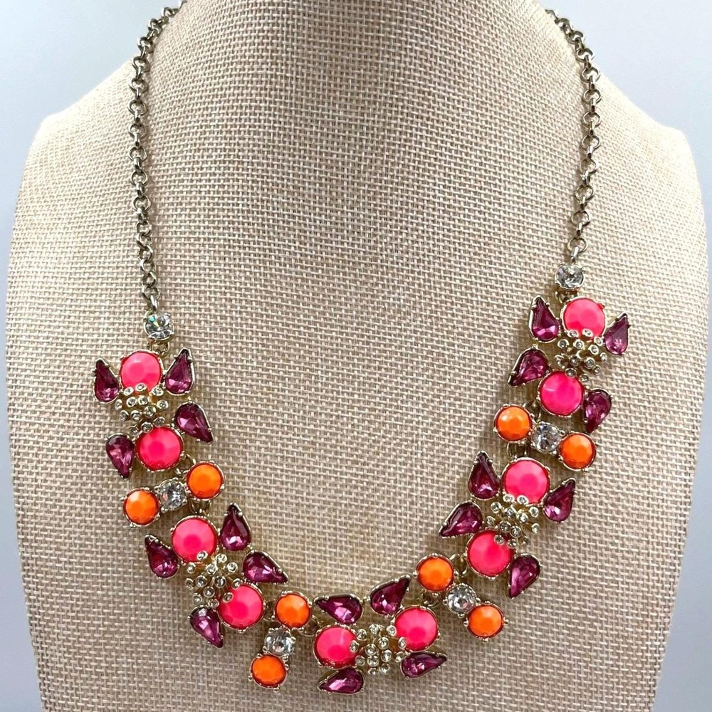 Vintage Gold Tone Statement Cluster Bib Necklace Pink Orange Purple Stones Boho